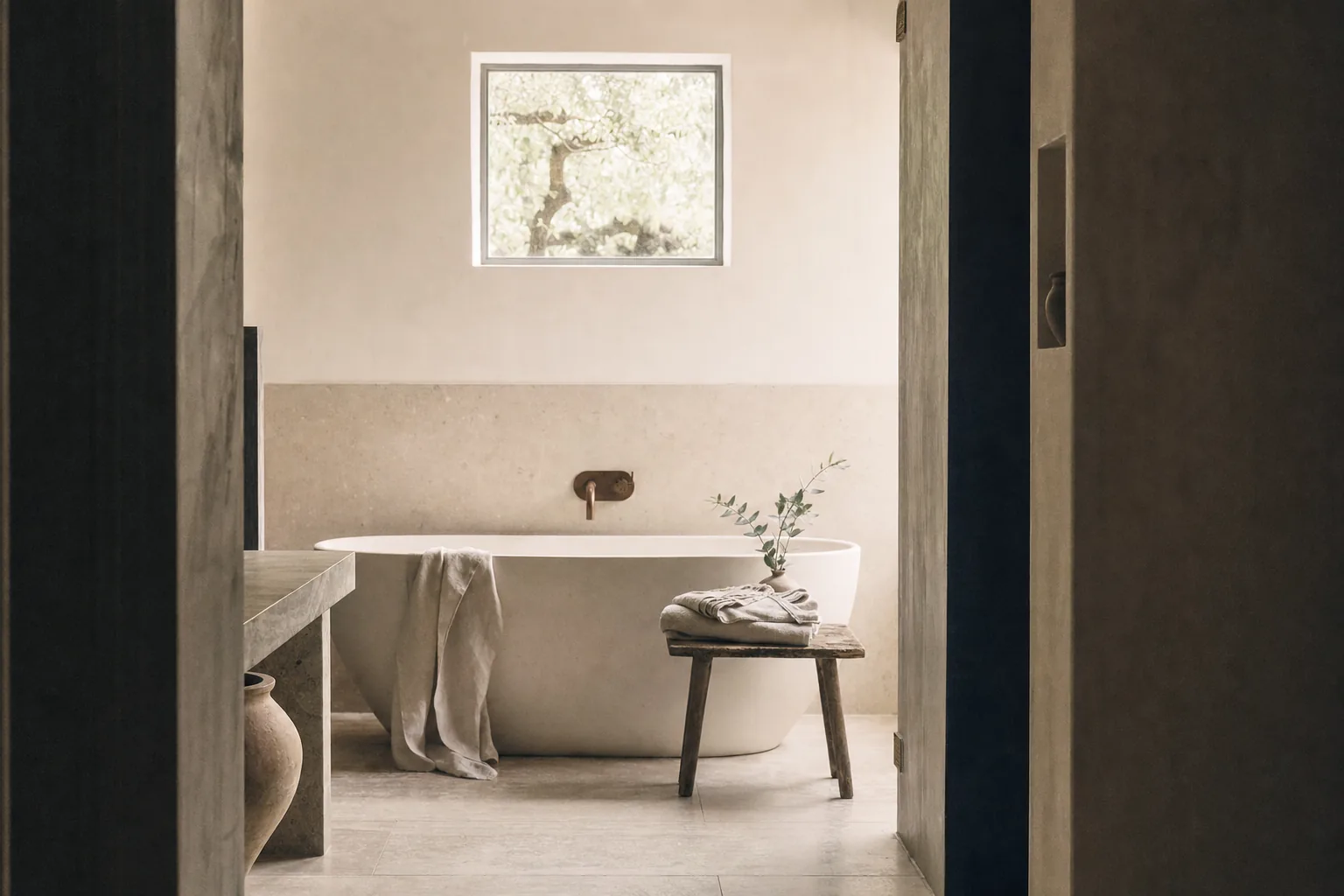 A freestanding white tub in a plastered room, a towel over the rim and a wooden stool beside it (example photo)