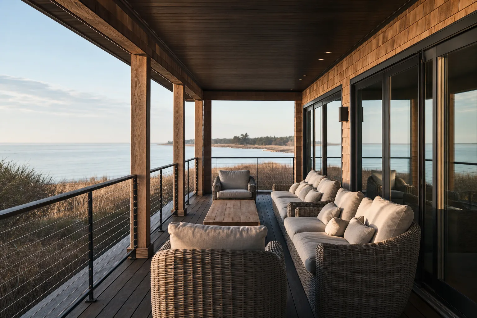 A deep covered porch on a shingled house, wicker seating and a cable rail, looking out over dune grass to a wide calm bay (example photo)