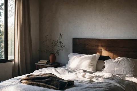 A bed made up in white linen under a timber headboard, beside a curtained window (example photo)