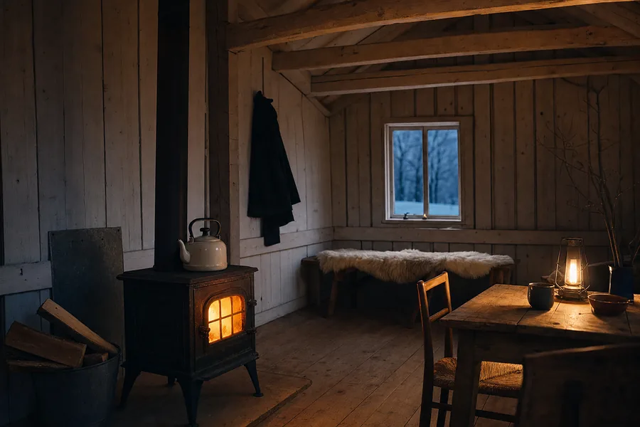 the single downstairs room: a lit cast-iron woodstove with a kettle on top, split firewood stacked beside it, board walls, a window looking out onto snow, and a plank table with an oil lamp at the right (example photo)
