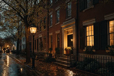 A brick rowhouse with a lit doorway on a wet street in the evening (example photo)