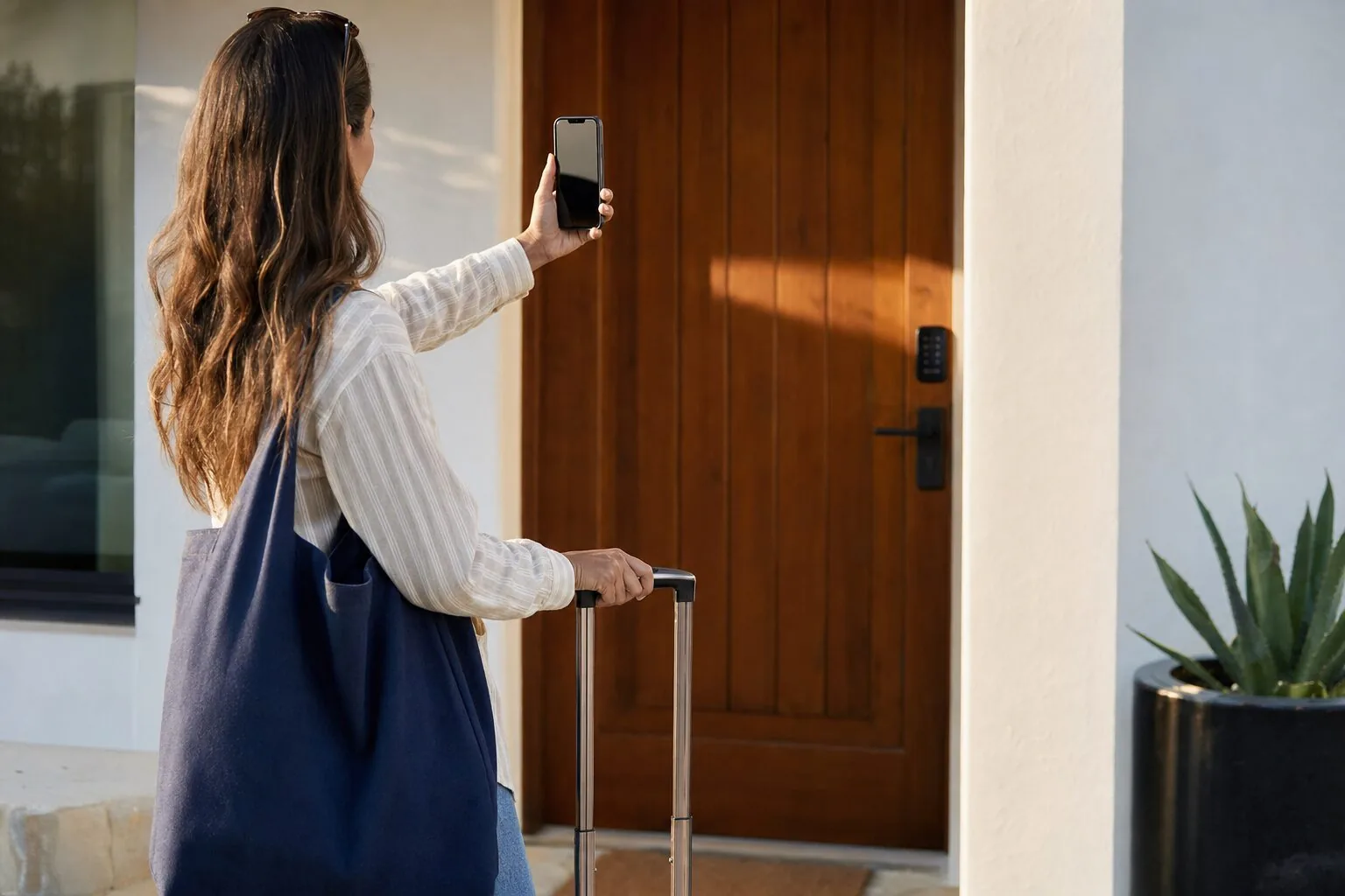 A guest at the wooden front door holding a phone up to a keypad lock (example photo)