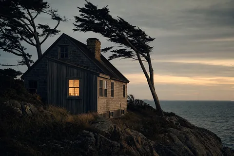 A small shingled cabin on a rocky shore at dusk with one window lit (example photo)