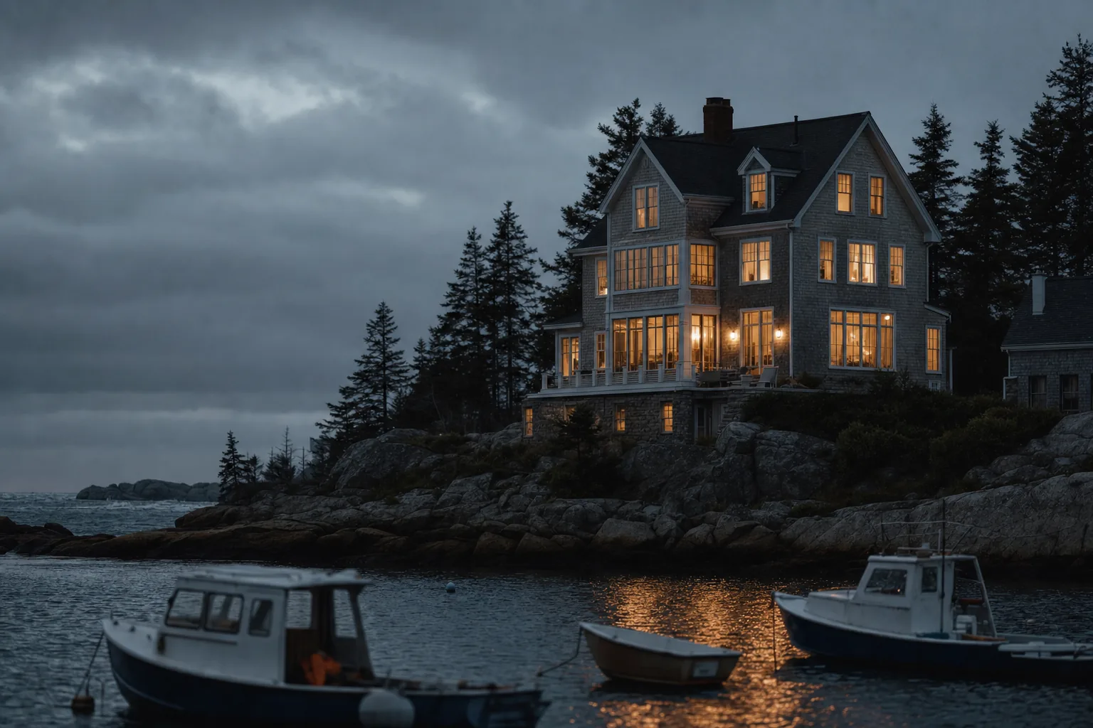 A tall shingled house on a wooded point above a harbor at dusk, fishing boats moored below it (example photo)