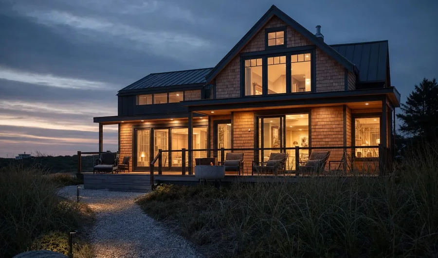 A shingled house lit from inside at dusk, standing above dune grass (example photo)