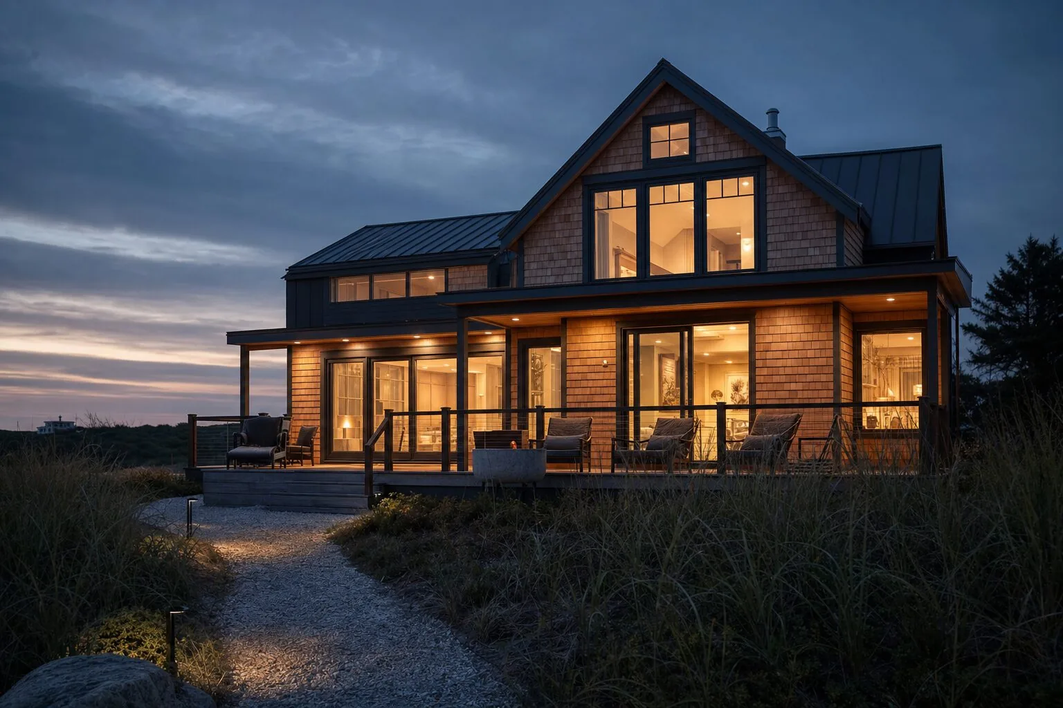 A large shingled house lit from inside at dusk, with a deep covered porch and a gravel path running up through dune grass (example photo)
