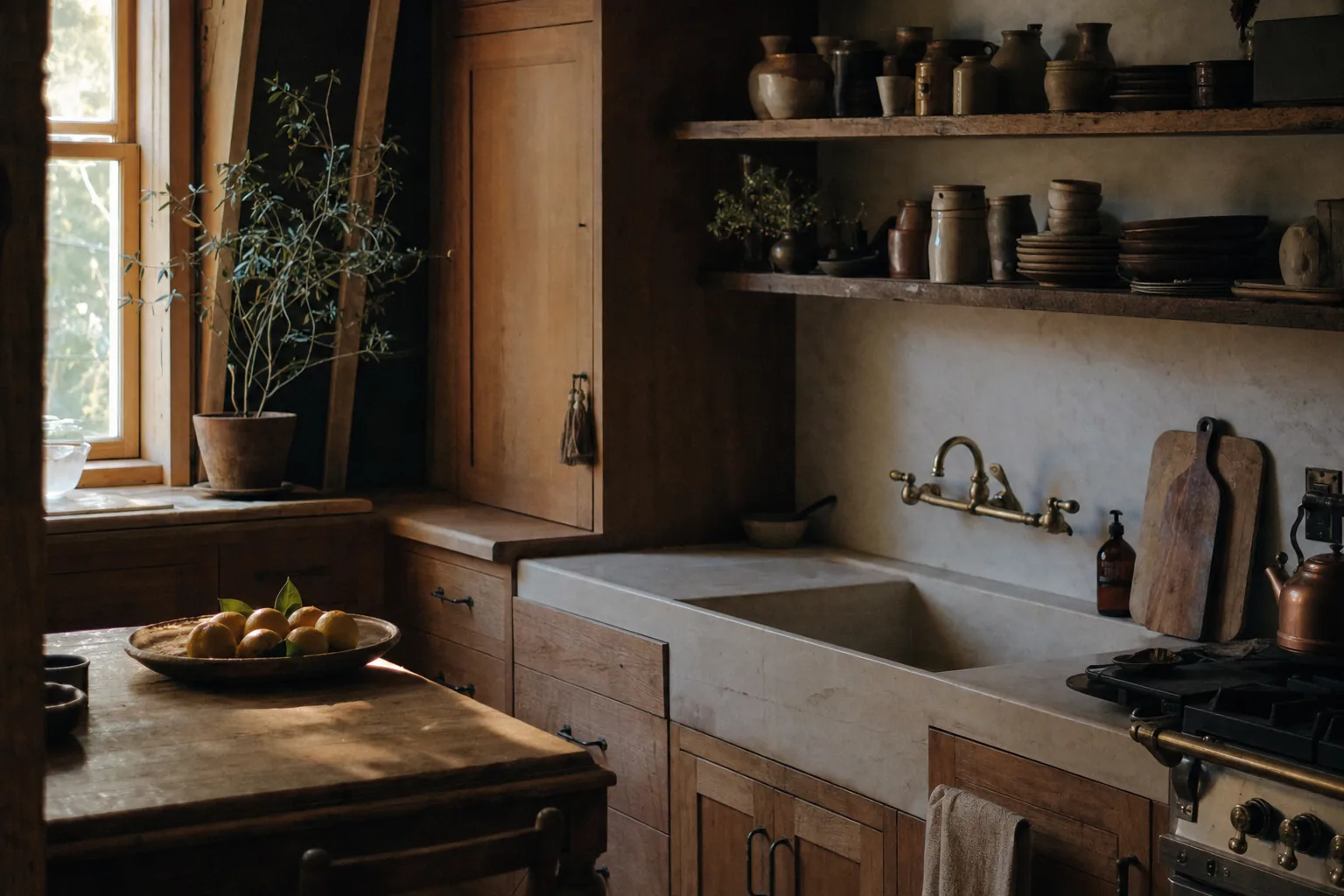 A timber kitchen with a deep stone sink, a brass tap and open shelves of crockery (example photo)