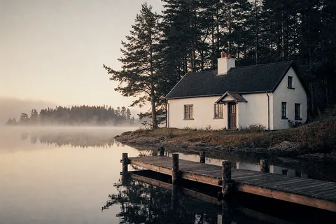 A white cottage at the edge of a still lake, with a wooden dock running out from the shore (example photo)