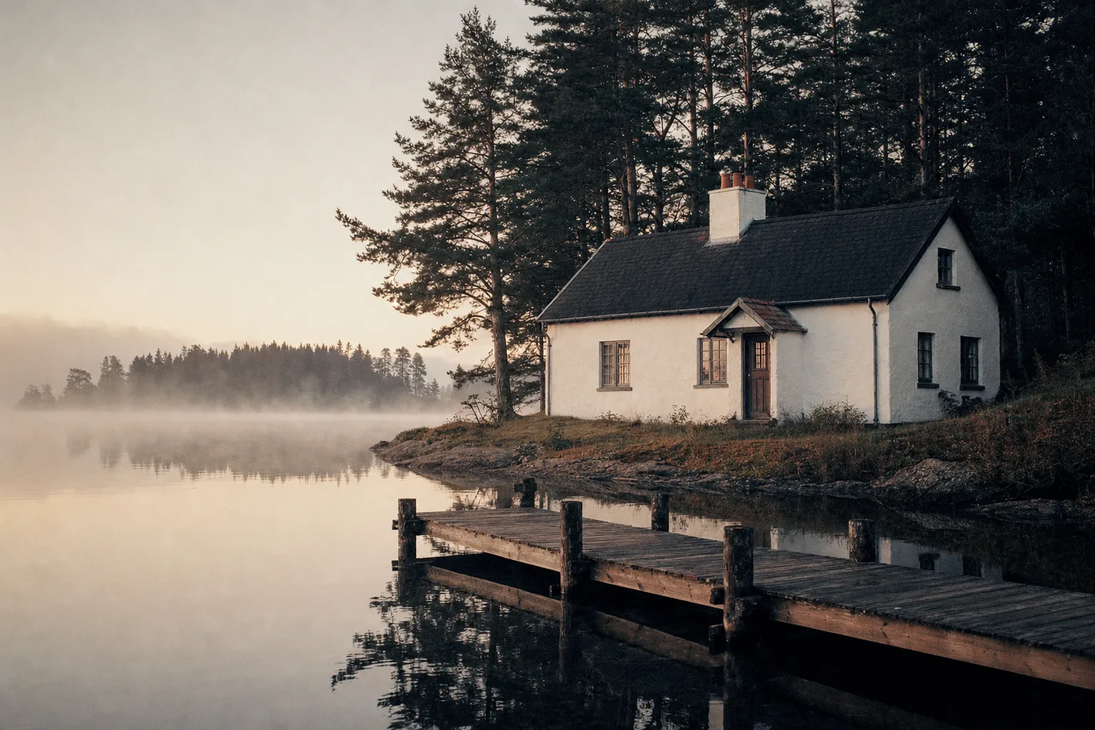 A white cottage at the water’s edge beside a wooden dock, mist across the far shore (example photo)