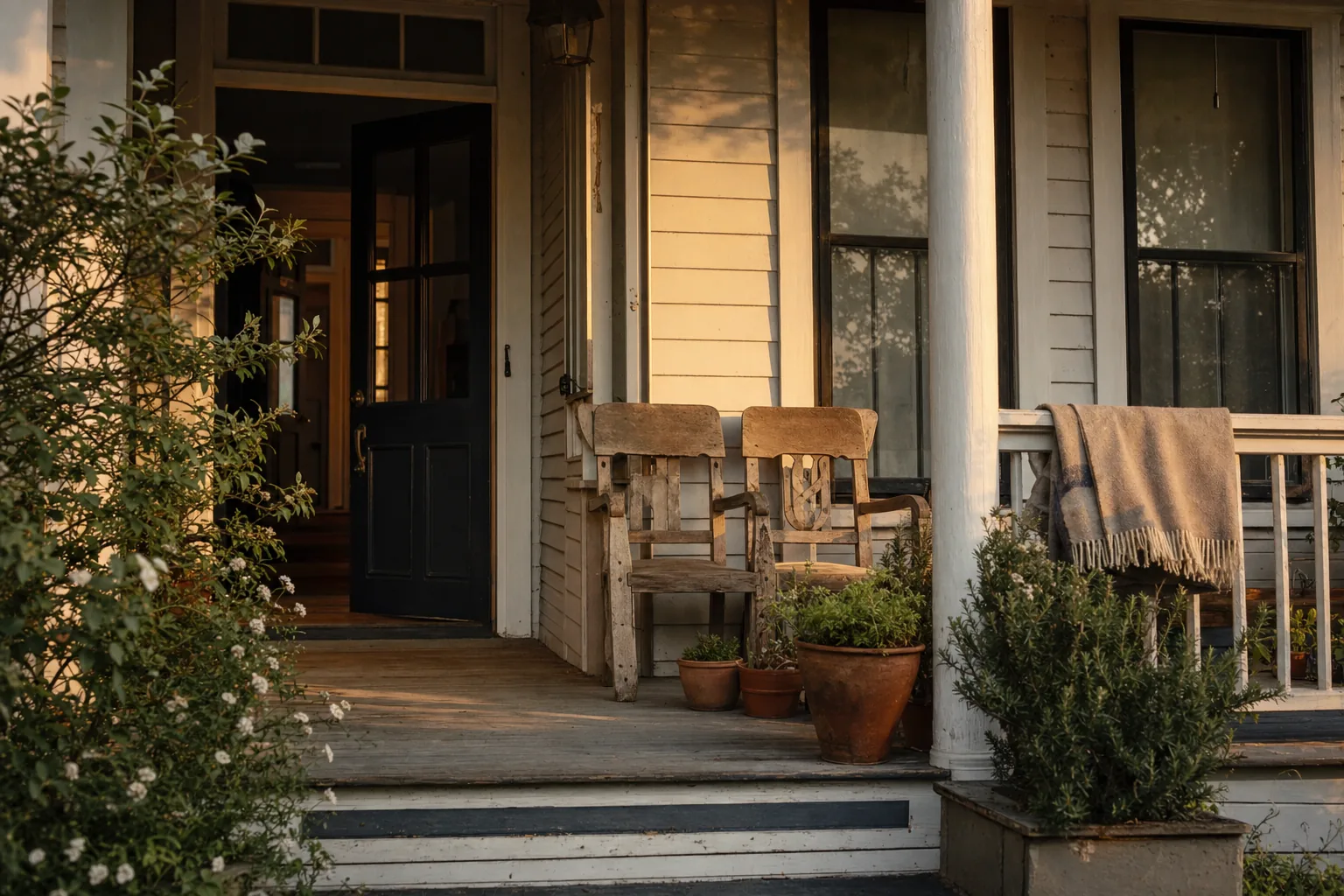 The porch of a pale clapboard farmhouse in early light: a dark panelled front door standing open, two weathered wooden chairs on the boards, a folded blanket over the rail and potted shrubs on the steps (example photo)