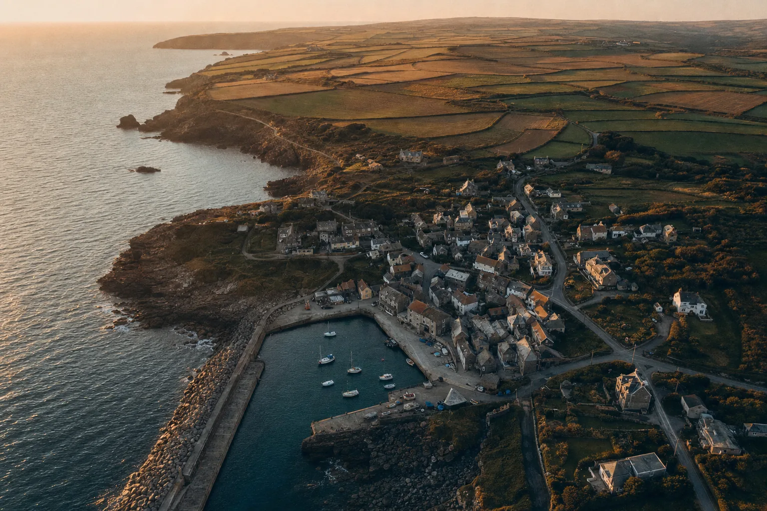 An aerial view at dusk of a small coastal village on a headland, with a harbor of moored boats and fields running back from the cliffs (example photo)